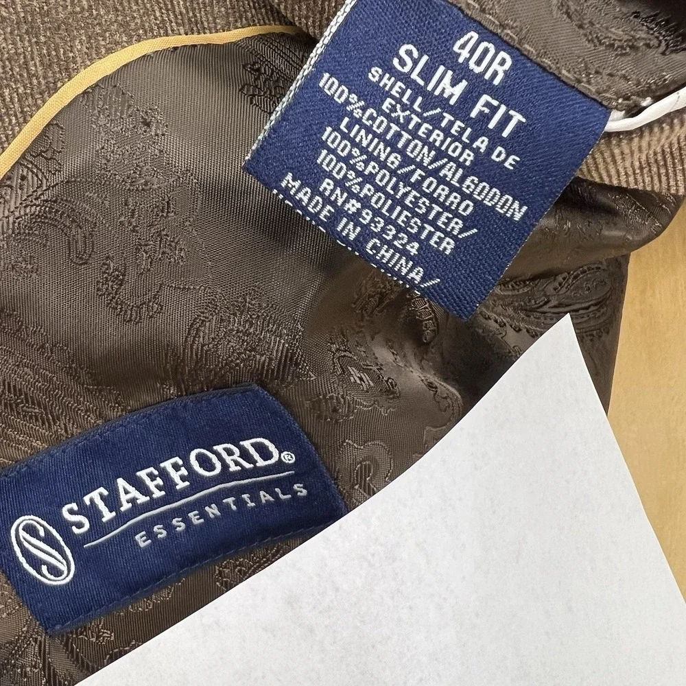 Stafford Corduroy Blazer Jacket Sport Coat Mens 40R Slim Fit Brown Cotton